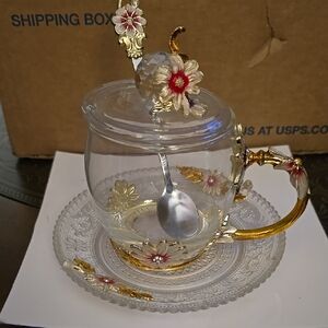 Elegant Floral Glass Tea Cup Set with Gold Accents